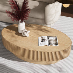 Oval Coffee Table, Fluted Solid and Manufactured Wood, Natural Oak