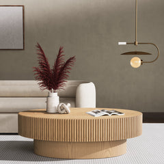 Oval Coffee Table, Fluted Solid and Manufactured Wood, Natural Oak