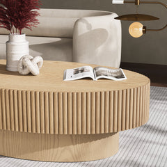 Oval Coffee Table, Fluted Solid and Manufactured Wood, Natural Oak