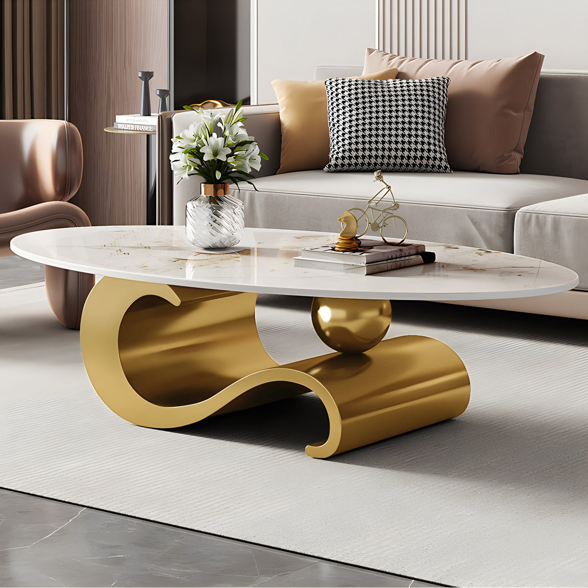 Oval Coffee Table, Glossy White Faux Marble Top with Gold Stainless Steel Base