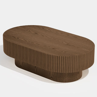 Oval Coffee Table in Solid Oak Wood with Pedestal Base, Brown
