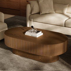 Oval Coffee Table in Solid Oak Wood with Pedestal Base, Brown