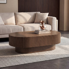 Oval Coffee Table in Solid Oak Wood with Pedestal Base, Brown