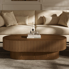 Oval Coffee Table in Solid Oak Wood with Pedestal Base, Brown
