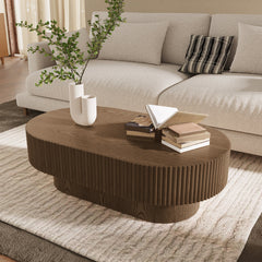 Oval Coffee Table in Solid Oak Wood with Pedestal Base, Brown