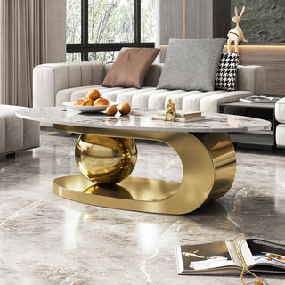 Oval Coffee Table, Sintered Stone Top with Gold Stainless Steel Base