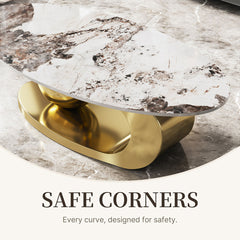 Oval Coffee Table, Sintered Stone Top with Gold Stainless Steel Base