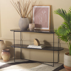 Oval Console Table, Dark Sandstone with Black Metal Legs