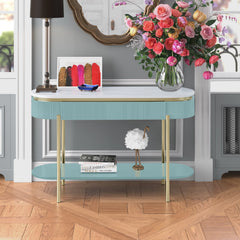 Oval Console Table, Faux Marble Top and Steel Legs, 48 Inch Wide