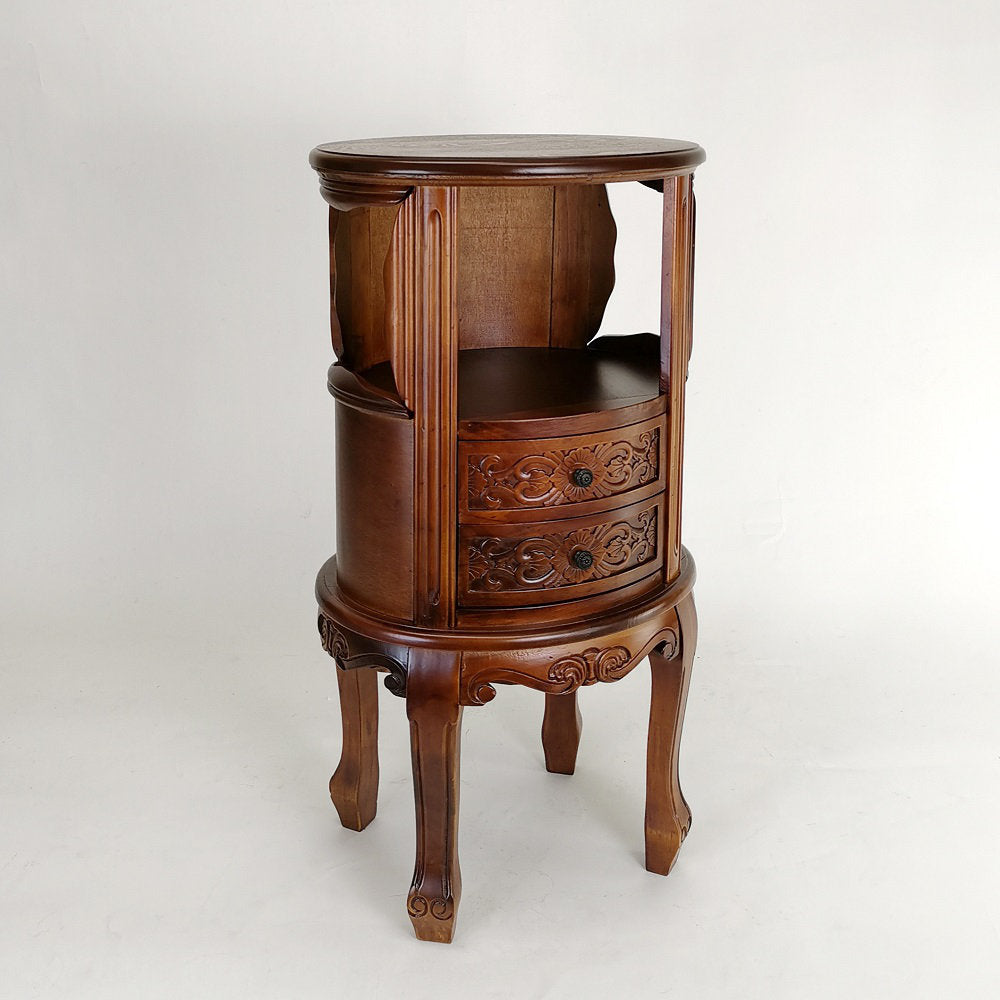 Oval End Table, Solid Wood with Drawers, Brown