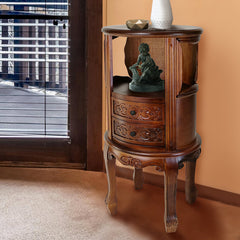 Oval End Table, Solid Wood with Drawers, Brown