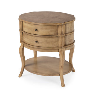 Oval End Table with Two Drawers and Lower Shelf in Antique Beige