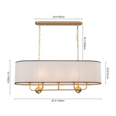 Oval Linear Chandelier, 8-Light Dimmable, White Linen Shade in Brass