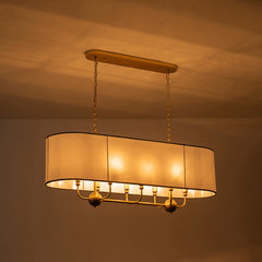 Oval Linear Chandelier, 8-Light Dimmable, White Linen Shade in Brass