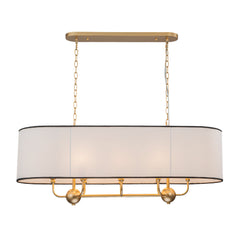 Oval Linear Chandelier, 8-Light Dimmable, White Linen Shade in Brass