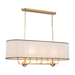 Oval Linear Chandelier, 8-Light Dimmable, White Linen Shade in Brass