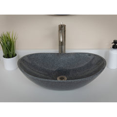 Oval Stone Vessel Bathroom Sink, Sesame Gray Granite, Polished