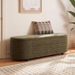 Oval Storage Bench with Flip-Top Seat in Dark Olive Green Velvet