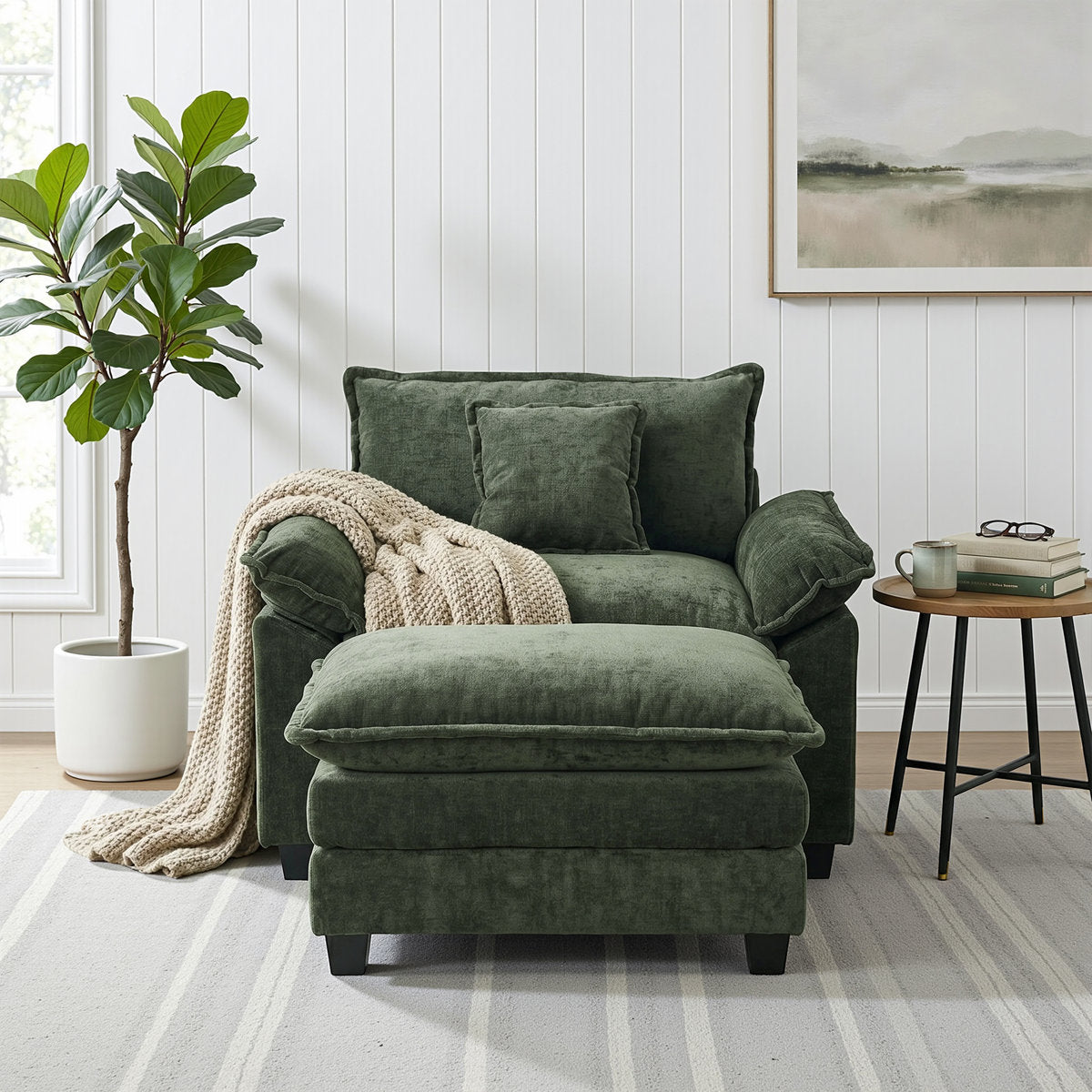 Oversized Accent Chair with Ottoman in Green Chenille