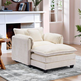 Oversized Armchair and Ottoman Set, Beige Chenille with Black Wood Legs