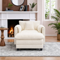 Oversized Armchair and Ottoman Set, Beige Chenille with Black Wood Legs