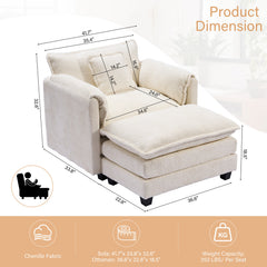 Oversized Armchair and Ottoman Set, Beige Chenille with Black Wood Legs