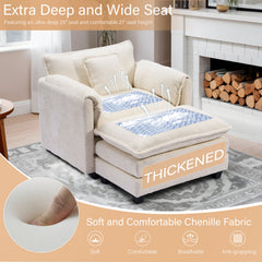 Oversized Armchair and Ottoman Set, Beige Chenille with Black Wood Legs