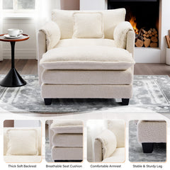 Oversized Armchair and Ottoman Set, Beige Chenille with Black Wood Legs