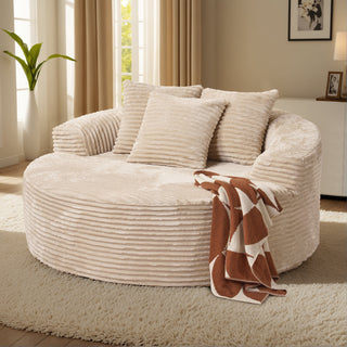 Oversized Round Chaise Lounge Chair in Beige Corduroy with Square Arms