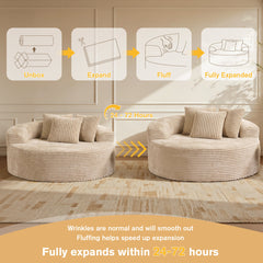 Oversized Round Chaise Lounge Chair in Beige Corduroy with Square Arms