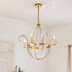 Palm Leaf Empire Chandelier, 4 Lights, Gold Metal Frame