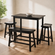 Second room | the same table, stools and bench in a warm oak dining room, morning light