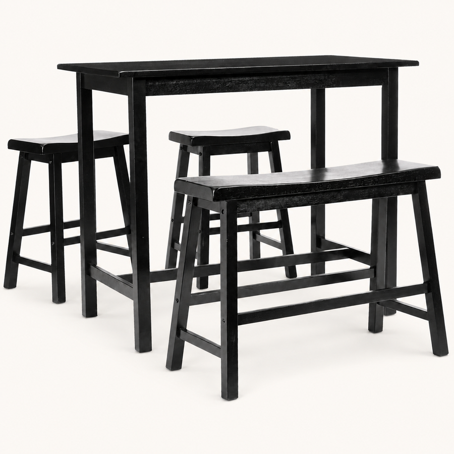 Front | Dark Espresso set centered on paper: rectangular table, both backless stools and the bench