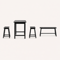 Side profile | true side view of the table's short end, one stool and the bench in profile