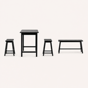 Side profile | true side view of the table's short end, one stool and the bench in profile