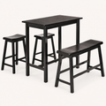 Studio angle | three-quarter studio view of the table's short end, both stools and the bench