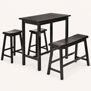 Studio angle | three-quarter studio view of the table's short end, both stools and the bench