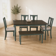 In a room | teal-framed 6-piece dining set, dark wood-grain table, four chairs and a bench in a warm oak-tone dining room, window light at left