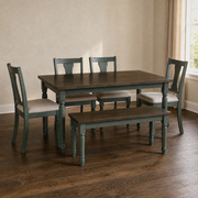 Room | the complete 6-piece teal dining set in a warm plaster-tone dining room, afternoon light