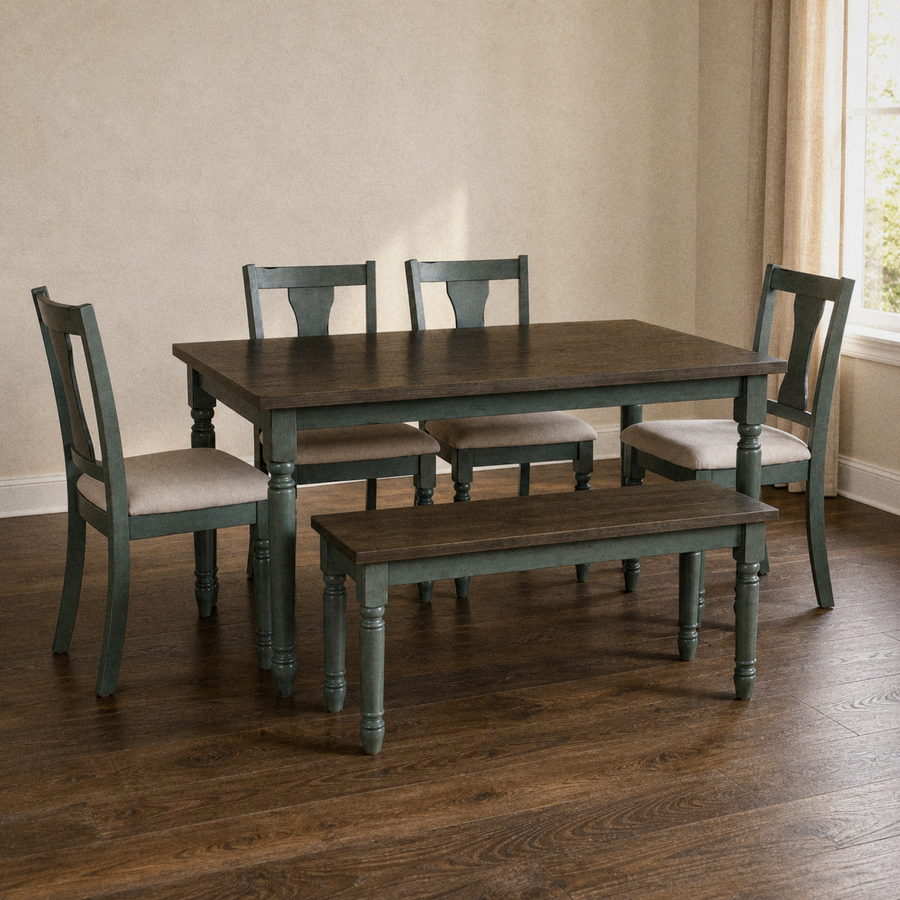 Room | the complete 6-piece teal dining set in a warm plaster-tone dining room, afternoon light