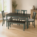 Room | the complete 6-piece teal dining set in a warm flax-tone dining room, midday light