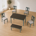 Complete set | all six pieces, table, four chairs and bench, from an elevated angle