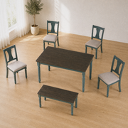 Complete set | all six pieces, table, four chairs and bench, from an elevated angle