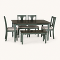Front | all six pieces of the dining set, dark wood-grain table, four beige-seat chairs and matching bench, centered on paper