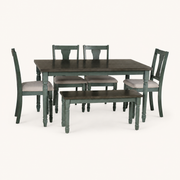 Front | all six pieces of the dining set, dark wood-grain table, four beige-seat chairs and matching bench, centered on paper