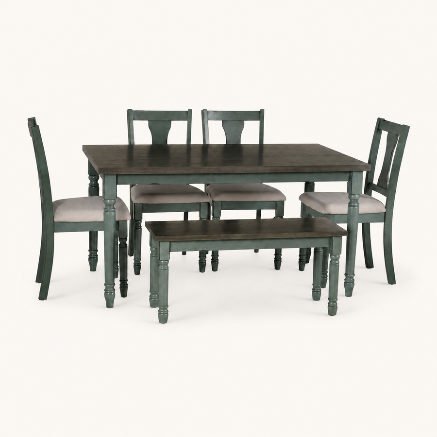 Front | all six pieces of the dining set, dark wood-grain table, four beige-seat chairs and matching bench, centered on paper