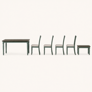 Side | true profile of the table's turned legs, one chair and the bench