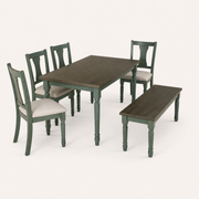 Angle | the dining set at a true three-quarter so the turned legs and splat backs read