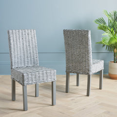 Parsons Chairs, Set of 2, Rattan Frame, Solid Wood Legs, Gray Whitewash