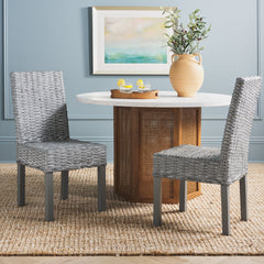 Parsons Chairs, Set of 2, Rattan Frame, Solid Wood Legs, Gray Whitewash